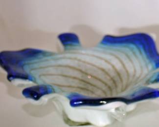 Vintage Hand-Blown Art Glass Bowl Freeform Sculptural White Blue MCM