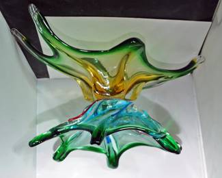 Vintage Hand Blown Art Glass Bowl Freeform Sculptural Amber Blue Clear MCM