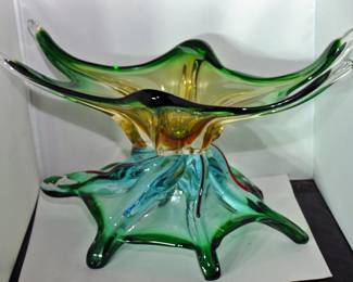 Vintage Hand Blown Art Glass Bowl Freeform Sculptural Amber Blue Clear MCM Style