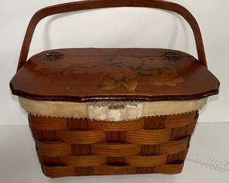 Vintage Wicker Sewing Basket with Hinged Lid