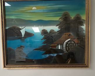 Vintage Japanese Painting of a River Scene with Water Wheel and Sailboat