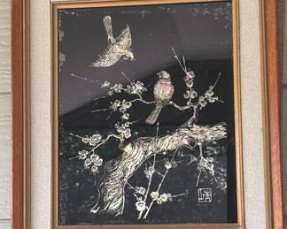 Vintage Mother of Pearl Inlay Panel with Birds and Blossoms