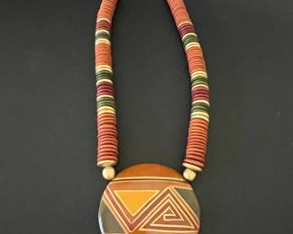 African Terracotta and Ceramic Bead Necklace with Geometric Pendant