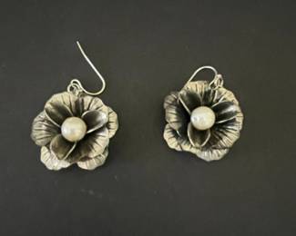 Silver Flower Earrings with Pearl Accent