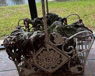 Ornate White Metal Hanging Plant Basket