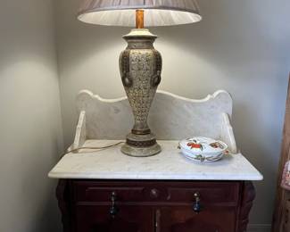 Vintage Chinoiserie Ceramic Table Lamp with Pleated Shade