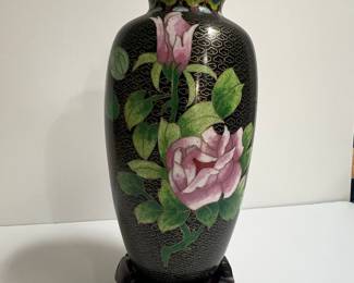 Vintage Chinese Cloisonné Vase with Floral Motif and Wood Stand