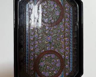Octagonal Black Lacquer Tray with Hand-Painted Floral Motif