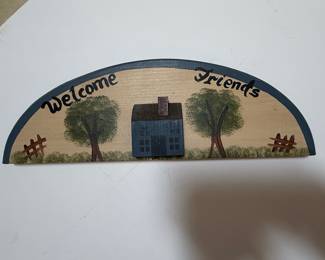 Hand-Painted Wooden "Welcome Friends" Sign with House and Trees