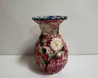 Hand-Painted Italian Ceramic Vase with Floral Appliques