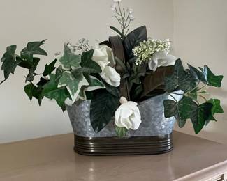 Galvanized Metal Planter with White Magnolia and Ivy Arrangement