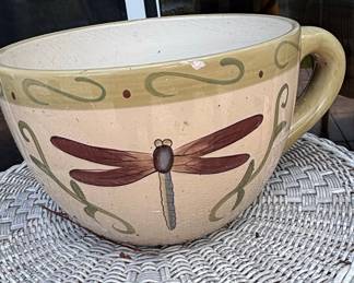 Large Ceramic Teacup-Shaped Planter with Dragonfly Motif