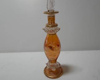 Vintage Amber Glass Perfume Bottle with Gold Gilt Accents and Floral Motifs
