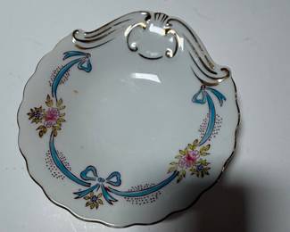 Scallop Shell Trinket Dish with Blue Ribbon and Floral Motif