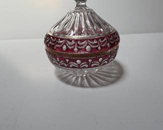 Bohemian Cranberry Cut to Clear Glass Candy Dish with Enameled Decor