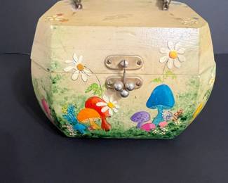 Vintage Hand-Painted Mushroom and Daisy Wooden Box Purse
