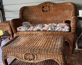 Wicker Loveseat and Coffee Table Set with Floral Cushions