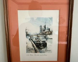 Watercolor Painting of Paris - Peniches sur la Seine by G. Lelong