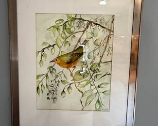 Watercolor Painting of a Bird on a Branch, Signed M. Webb