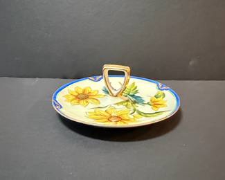 Hand-Painted Ceramic Tidbit Tray with Sunflowers and Blue Border
