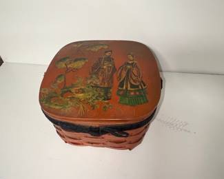 Vintage Hand-Painted Woven Basket Purse with Romantic Couple Scene