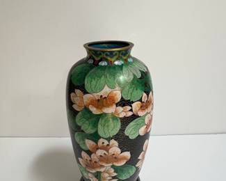 Vintage Chinese Cloisonné Vase with Floral Motif and Wood Stand