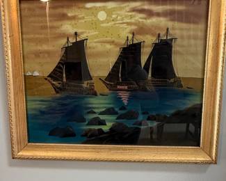 Black Velvet Painting of Sailing Ships