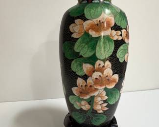 Vintage Chinese Cloisonné Vase with Floral Motif and Wood Stand