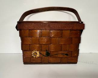 Vintage Caro Nan Hand-Painted Floral Picnic Basket Purse