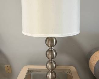 Brushed Nickel Stacked Ball Table Lamp with White Drum Shade