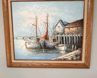 Marine Scene Painting with Fishing Boats and Dock by Florence Wilkins Furst
