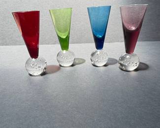 Set of 4 Vintage Colored Glass Shot Glasses with Bubble Ball Bases