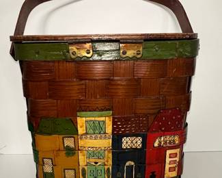 Vintage Caro-Nan Hand-Painted Woven Basket Purse with Lid