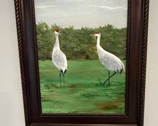 Painting of Two Whooping Cranes in a Landscape