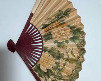 Antique Chinese Silk Folding Fan with Peony and Bird Motif