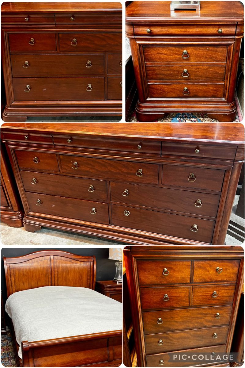 Deal of the week! Complete Bedroom Set $395- headboard, footboard side, rails,  queen mattress, nightstand, chest of drawers, and dresser all for one price (individual photos follow)