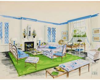 12 Irving Jeremiah Goodman (1922-2017) "Living Room" Watercolor on illustration board Signed lower right: Jeremiah, and titled in pencil lower center 22" H x 30" W Estimate: $1,000 - $1,500