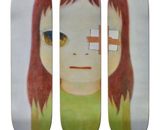 359 Yoshitomo Nara (b.1959) A skateboard deck triptych, 2020 From the edition of unknown size Each top printed: THE SKATEROOM / Art for Social Impact / [Nara signature] / © Yoshitomo Nara Screen-printed skateboards housed in original cloth case 3 pieces Each: 31.75" L x 8" W x 1" D Estimate: $400 - $600