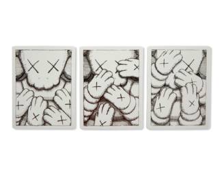 334 Brian "KAWS" Donnelly (b. 1974) Three KAWS: WHAT PARTY - "URGE" porcelain plates, 2021 Each with printed title and inscribed: Brooklyn Museum / Artwork © KAWS 2021 Each issued by the Brooklyn Museum of Art, comprising three of the set of four plates 3 pieces Each: 6" H x 4.5" W x 0.375" D Estimate: $200 - $300