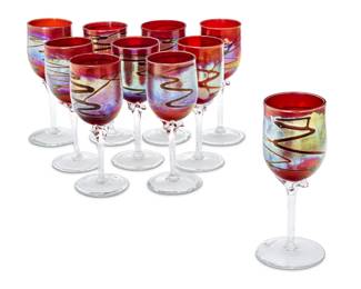 84 A set of ten Contemporary art glass wine glasses 1995 Each with etched initials of unknown maker and date: CM '95 10 pieces Each: 9" H x 3.5" Dia. approximately Estimate: $200 - $400