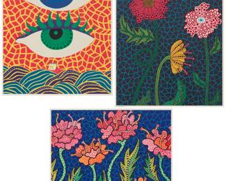 390 Yayoi Kusama (b. 1929) Three works:  "Two Eyes," 2006 Offset lithograph in colors on wove paper Edition: 27/200 Signed in ink, numbered in pencil, and with the artist's blindstamp, all in the lower margin: Yayoi Kusama Image: 17.875" H x 15" W; Sheet: 23.625" H x 17.75" W  "Flower," 2006 Offset lithograph in colors on wove paper Edition: 14/200 Signed in ink, numbered in pencil, and with the artist's blindstamp, all in the lower margin: Yayoi Kusama Image: 18.5" H x 14" W; Sheet: 23.625" H x 17.75" W  "Flower II," 2006 Offset lithograph in colors on wove paper Edition: 14/200 Signed in ink, numbered in pencil, and with the artist's blindstamp, all in the lower margin: Yayoi Kusama Image: 14.375" H x 16.25" W; Sheet: 23.625" H x 17.75" W  3 pieces Estimate: $600 - $800