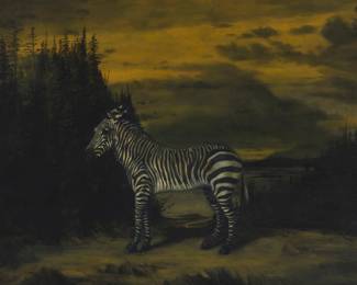 132 Robert N. McCauley (b. 1958) "Queen Charlotte's Zebra (After Stubbs)," 1999 Oil on canvas over panel in artist's frame Signed, titled, and dated, all verso: Robert N. McCauley / 1999; titled again and inscribed along the lower edge of the frame: "Queen Charlotte Islands" 29.25" H x 37.25" W Estimate: $600 - $800