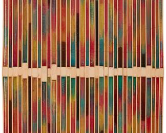 53 Thomas Linder (b. 1986) "Slat Louver 6," 2016 Basswood, polyester resin, pigment Signed and dated verso: T. Linder / 2016 48" H x 35.25" W x 2.75" D Estimate: $500 - $700 Starting Bid: $250(