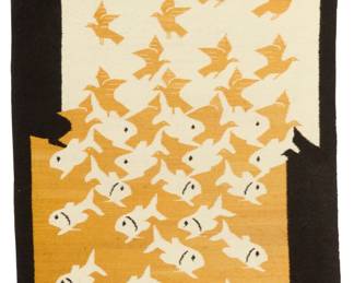 323 After M.C. Escher (1898-1972) A pictorial tapestry after "Sky and Water II" (1938) by Rug & Kilim, late 20th/early 21st century Unmarked Woven in cream, yellow, and brown wool with fish and bird motifs, with a staggered brown border 76" H x 45.5" W Estimate: $400 - $600