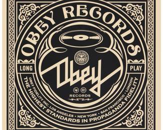401 Shepard Fairey (b. 1970) "Obey Scrip," from the "Dance Floor Riot" LP Box Set, 2011 Screenprint on Speckletone paper Edition: 73/150 Signed, dated, and numbered in pencil, lower right: Shepard Fairey 11; Obey Giant, Los Angeles, CA, pub. Image: 11.25" H x 11.25" W; Sheet: 12" H x 12" W Estimate: $400 - $600