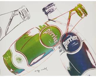 384 After Andy Warhol (1928-1987) "Perrier" (white), 1983 Offset lithograph in colors on poster paper From the edition of unknown size Unsigned; with the artist's signature printed in the blank at lower center: Andy Warhol; Signed in the matrix: Andy Warhol; S.A. Lalande-Courbet, Wissous, France, prntr. 17.625" H x 23.5" W Estimate: $400 - $600