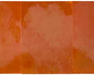 208 Joe Goode (b. 1937) Untitled (triptych), 1983 Four-color lithograph printed in seven runs from seven aluminum plates on three sheets of Arches Cover paper A bon à tirer impression (aside from the Cirrus proofs, Artist's proofs, Printer's proofs, Trial proofs and the numbered edition of 25) Signed, dated, and inscribed "BAT" in pencil along the lower edge of the three adjoining sheets: Joe Goode / 1983; Robert Gingras, prntr. Cirrus Editions, Los Angeles, CA, pub., with their blindstamp in the lower left corner of the leftmost sheet, and with the pencil work number, 340c-JG83, on the verso of that same sheet; the Cirrus Editions copyright ink stamp on the verso of the lower left sheet corner of the rightmost sheet Overall: 41.125" H x 73" W Estimate: $1,500 - $2,500