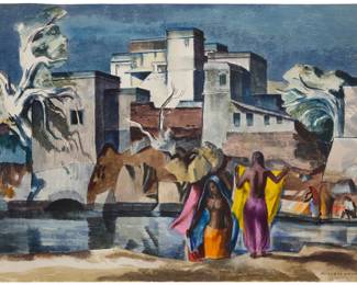 50 Millard Sheets (1907-1989) "Middle Manhattan," 1950 Watercolor on paper Signed lower right: Millard Sheets; indistinct stamp verso; titled and dated on a gallery label affixed to the frame's verso Sheet: 22" H x 30.125" W; Sight: 21.375" H x 29.375" W Estimate: $2,500 - $3,500