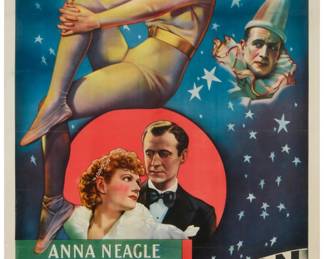 7 Movie poster for "The Show Goes On," circa 1936 Offset lithograph in colors on paper laid to canvas From the edition of unknown size No printer or publishing company name showing on the work except to state, "Litho. in U.S.A." and with the identifying work number for this poster image (#1838) printed in the lower margin, at left, directly below the image; the following text is also printed along the lower margin, directly below the image: "This poster is the property of the Twentieth Century Fox Film Corp. / It is leased - not sold. / Copyright by Twentieth Century Fox Film Corp. MCMXXXVIII" Image: 37.25" H x 25.5" W; Sheet: 40.5" H x 27.5" W Estimate: $1,000 - $1,500
