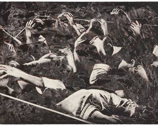 150 Rafael Canogar (b. 1935) "The Prisoners," plate 5 from "La Violencia" portfolio, 1969 Lithograph on Rives paper A bon à tirer impression, aside from the edition of 20 Signed, titled, dated, and inscribed in white pencil along the lower edge: Canogar 69 / "Bon a Tirer"; Jean Milant, prntr.; Tamarind Institute, University of New Mexico, Albuquerque, NM, pub.; with the blindstamp of the printer and publisher near the center of the lower edge; inscribed in pencil verso: Calendered / Rives / 2614" Image/Sheet: 22" H x 30" W Estimate: $300 - $500